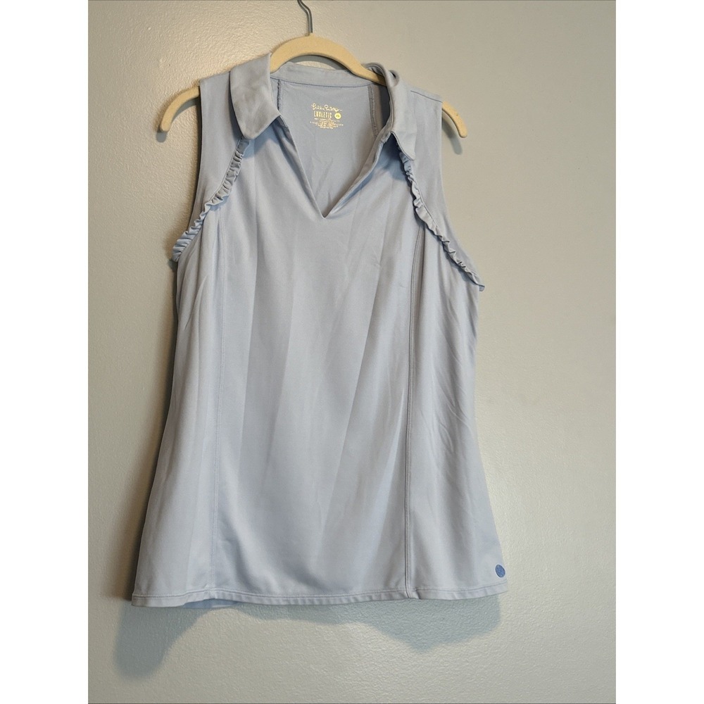 Lilly Pulitzer Luxletic Polo Shirt Sz XL UPF 50+ Martina Ruffled Blue V-Neck